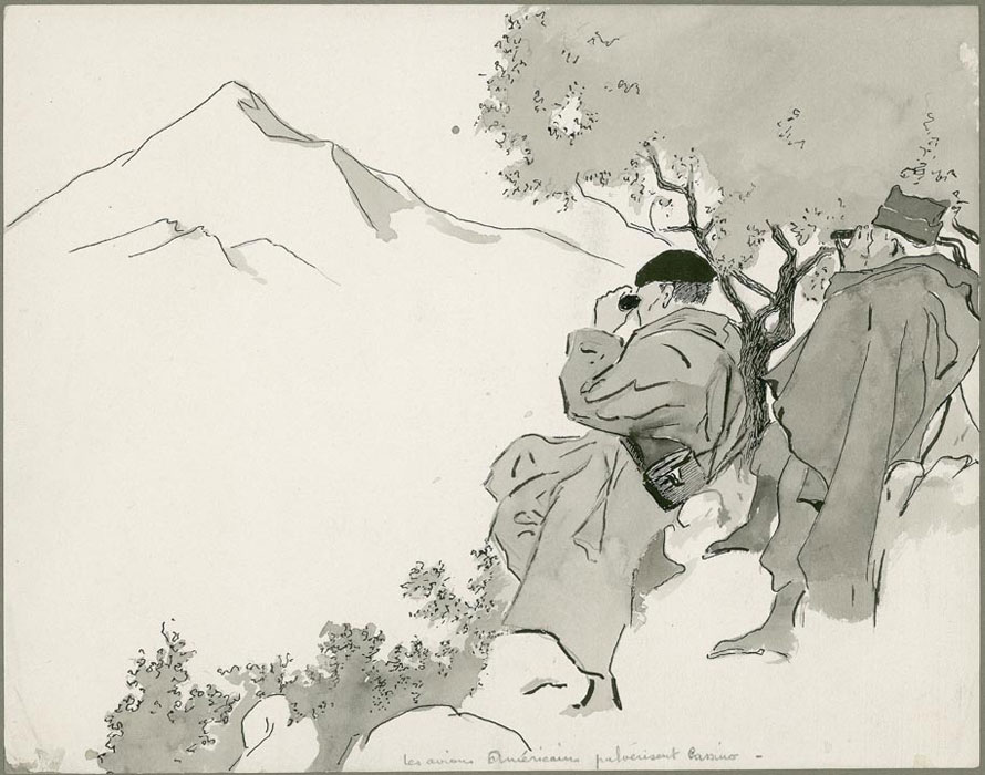 Roger Jouanneau-Irriera, Les avions américains pulvérisent Cassino. [Les généraux Juin et de Monsabert observant le bombardement]. Dessin à l’aquarelle et à l’encre de Chine