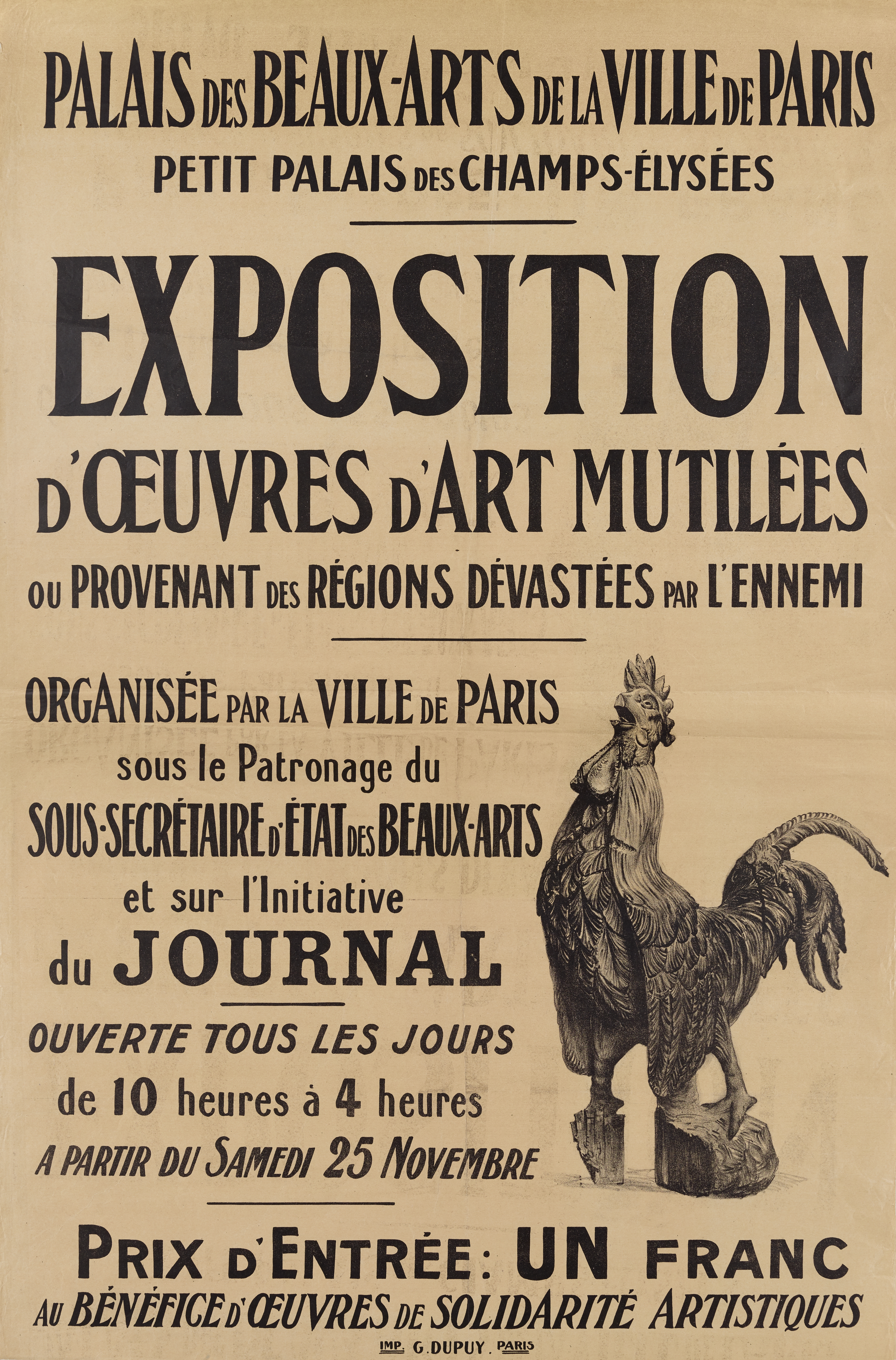 Affiche de l'Exposition d'œuvres d'art mutilées ou provenant des régions dévastées par l'ennemi. 25 nov 1916 - 4 déc 1917.